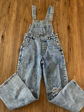 Denim Jean Bib Overalls. Adjustable Straps.  Distressed and Ripped. Size XS.